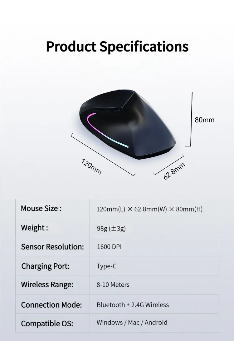 NexusClick Dual Mode Ergonomic Vertical Mouse,Rechargeable/AA Battery Powered,Adjustable DPI Mute Buttons RGB Mouse for Computer