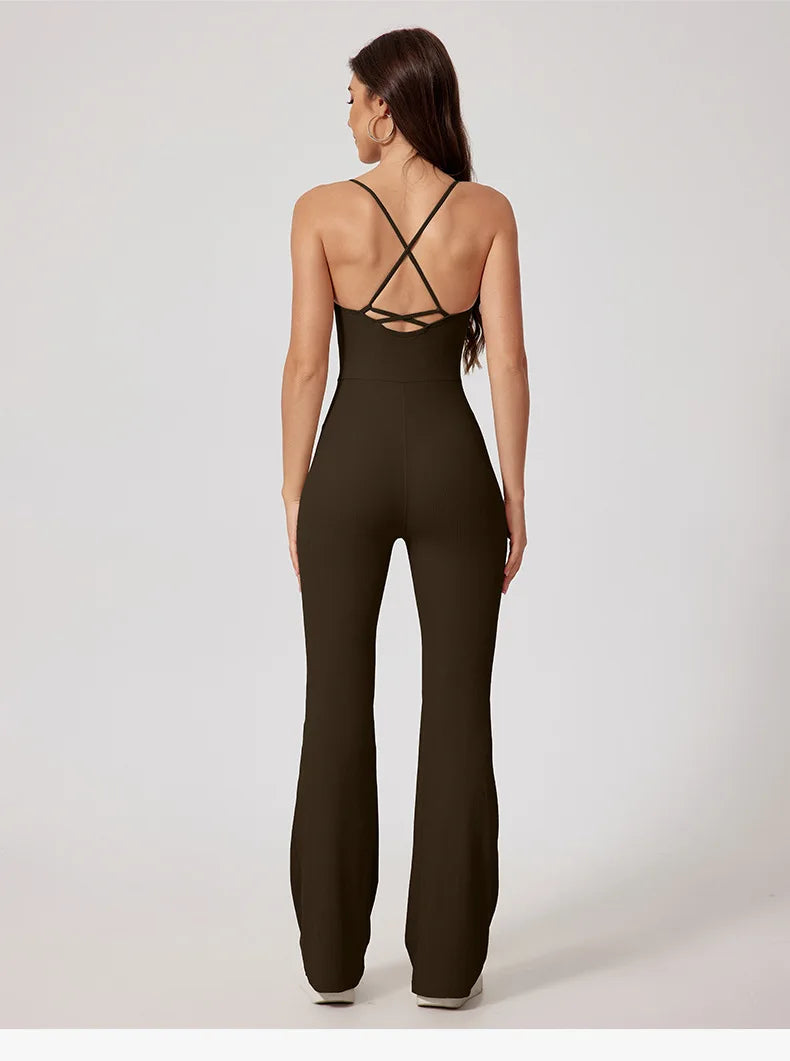 Women Thread Yoga Jumpsuit Sleeveless Gym Tracksuits Flared Overalls Workout Bodysuits Sportswear Female Sports One-Piece Outfit