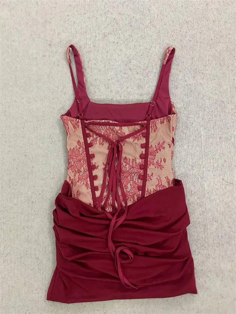 Mozision Lace Corset Mini Dress Women Square Neck Wide Strap Ruched Satin Bodycon Short Dress Club Party Cocktail Vestidos
