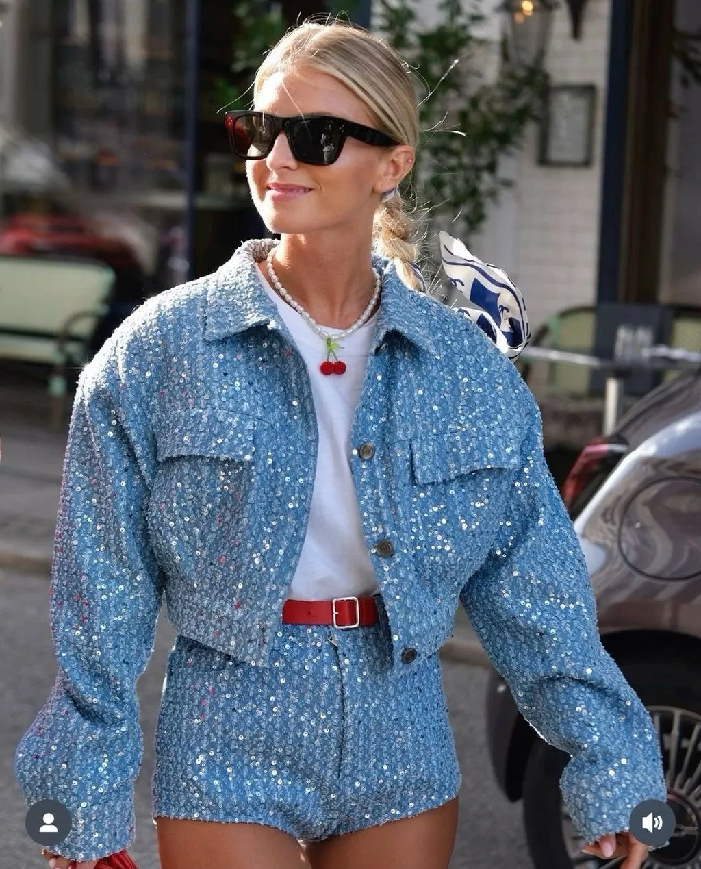 BKQU Denim Sequins 2 Piece Pants Set Women Fashion High Waist Shorts Lapel single-breasted Cropper Jackets Female Luxury Outfits