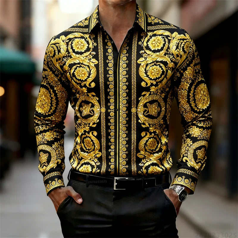 Men's Shirt Luxury Baroque Style Gold Pattern Long Sleeve Shirt Fashion Slim Palace HD Print Shirt AliExpress Hot Sale XS-6XL