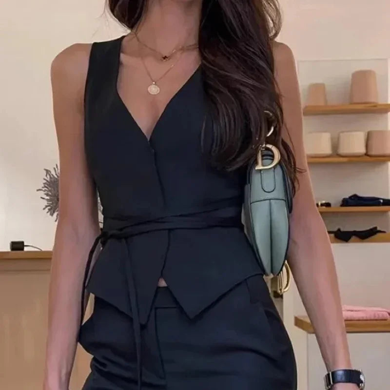 Women Elegant Chic Lace-up V-neck Vest Solid Slim Sleeveless Tops Female Spring Fashion Sexy Lady Streetwear