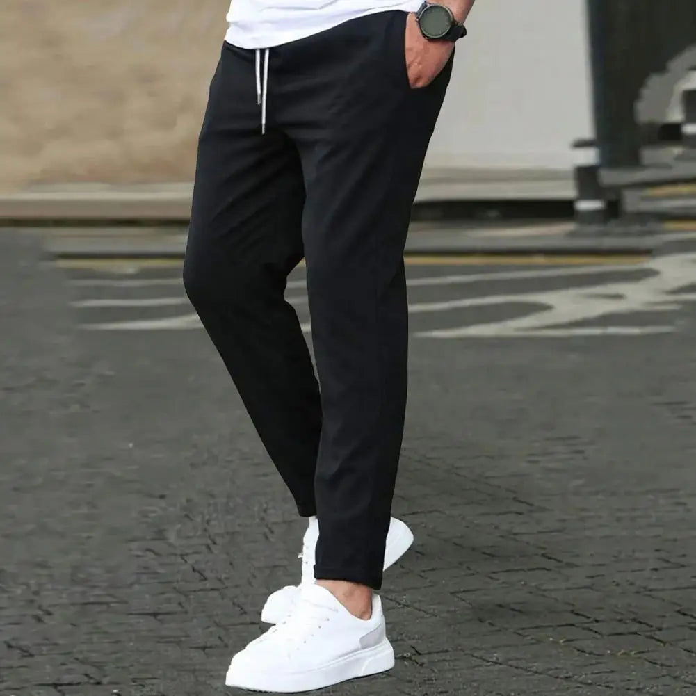 Slim Fit Pants Stylish Men's Slim Fit Drawstring Pants with Side Pockets for Commuting Travel Gym Elastic Waist Casual Trousers