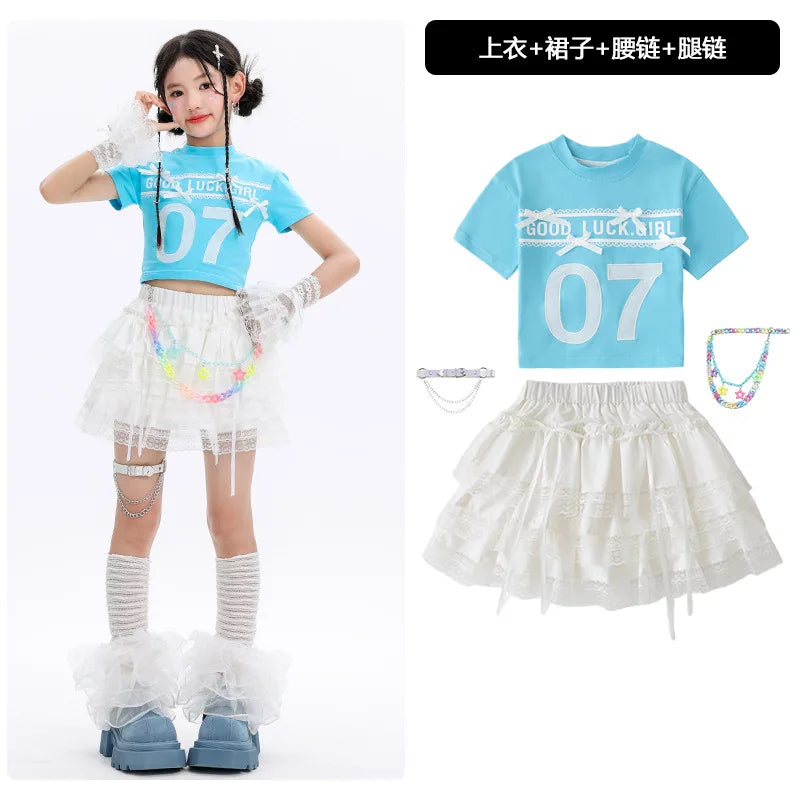 Kid Cute Hip Hop Clothing BLue Crop T Shirt Sleeves White Layered Lace Pleated Mini Skirt for Girls Jazz Dance Costume Clothes