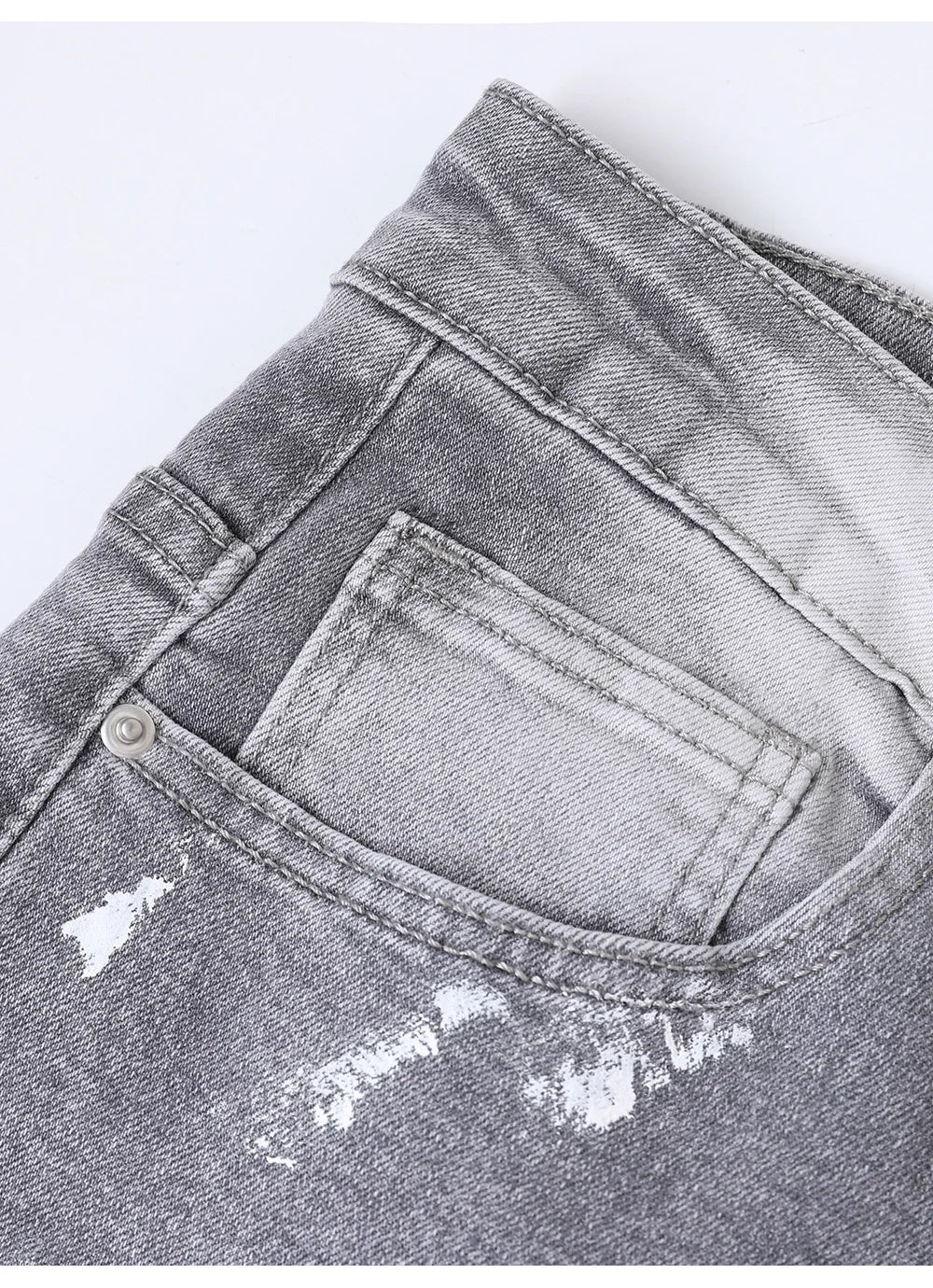 Men Painted Flared Denim Jeans Spliced Slim Boot Cut Pants Vintage Grey Cotton Released Hem Trousers