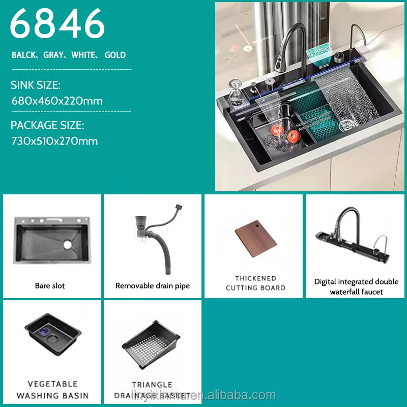 LED Factory 304 Stainless Steel Anti-Scratch Kitchen Sink Multifunction LED Digital Display Pull-Out Faucet Single Bowl Design