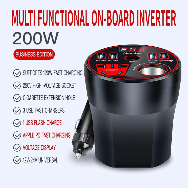 Car Power Inverter 12V / 24V to 220V Multi-Functional Power Converter LED Display Multi-Functional Car Socket Fast Charger
