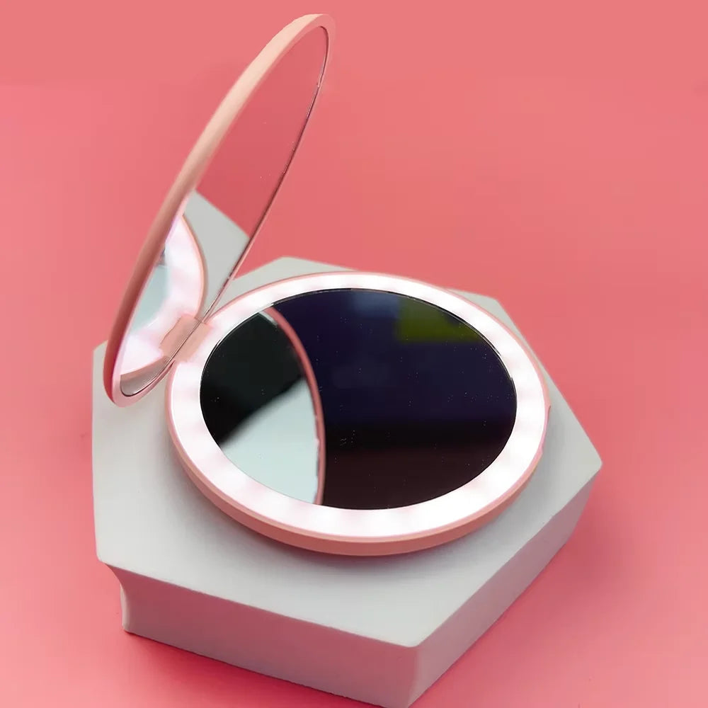 Pocket LED Makeup Mirror Round Portable Folding Small with Light Travel Handheld Cosmetic Compact 2X Magnifying Lighted Mirror