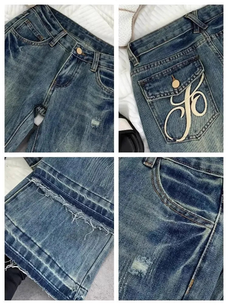 American retro low-waisted jeans female autumn new embroidery old casual fashion temperament slim Joker bell bottoms.