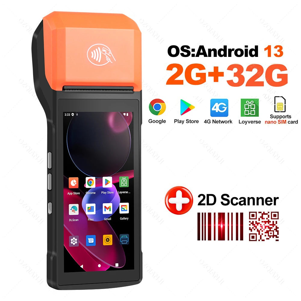 4G Android 13 Handheld Terminal POS Printer 58mm Thermal Printing, 1D/2D Barcode Scanner for Small Business & Protective Case