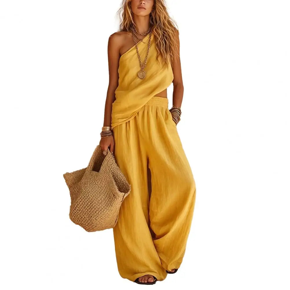 Cotton Linen 2 Piece Sets , One Shoulder Sleeveless Wrinkle Resistant Top Wide Leg Pants , Summer Vacation Lounge Outfits
