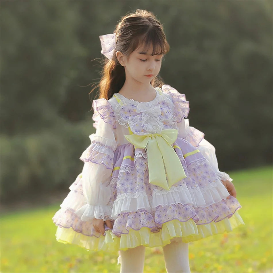 Kids Spring Autumn Lolita Dress Princess Long Sleeves Fancy Luxury Cute Costume Girls Floral Lace Vestido Toddler Birthday Gift