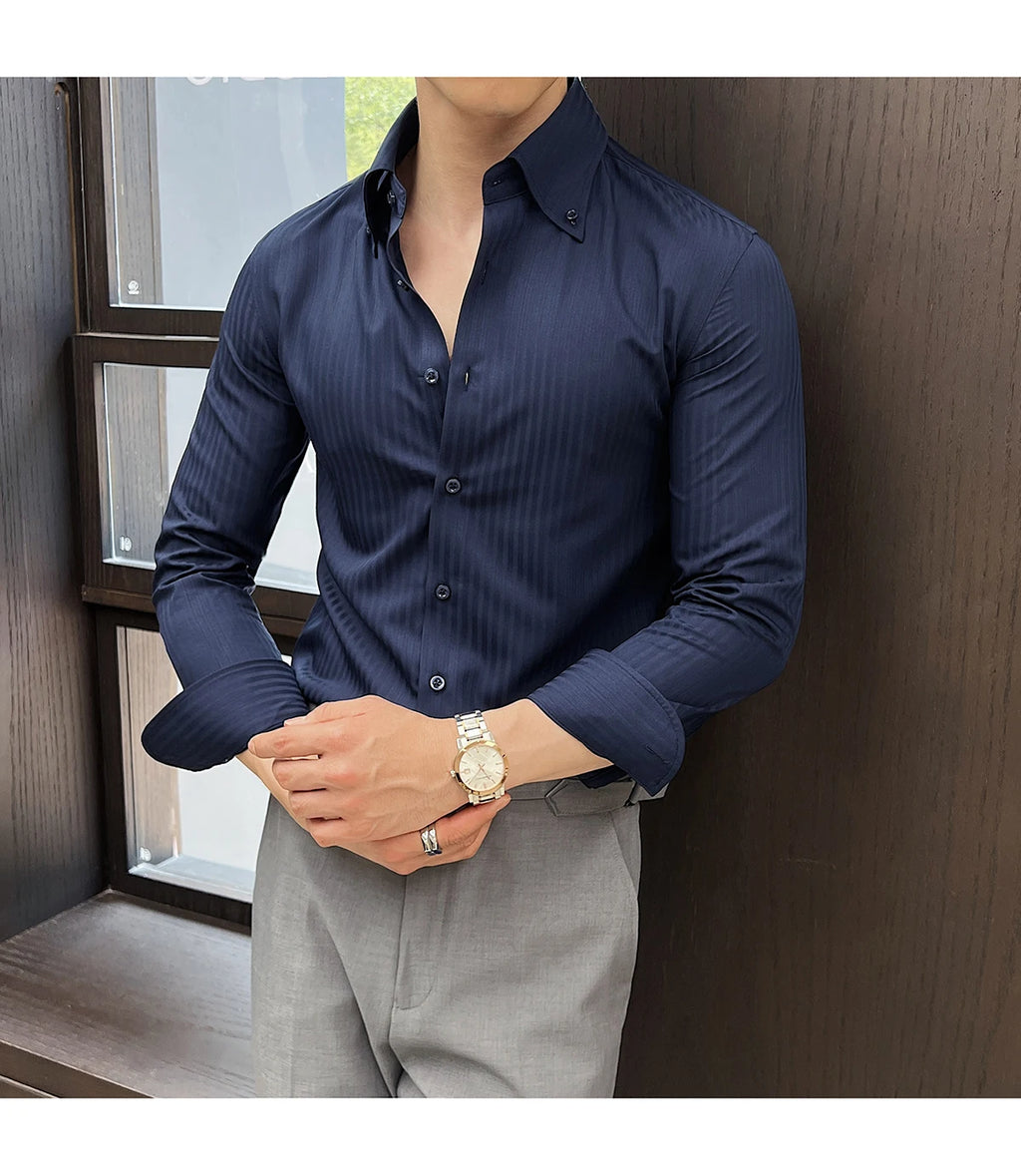 High-quality autumn men's new long-sleeve dark striped slim-fit shirt business casual formal workwear M-4XL