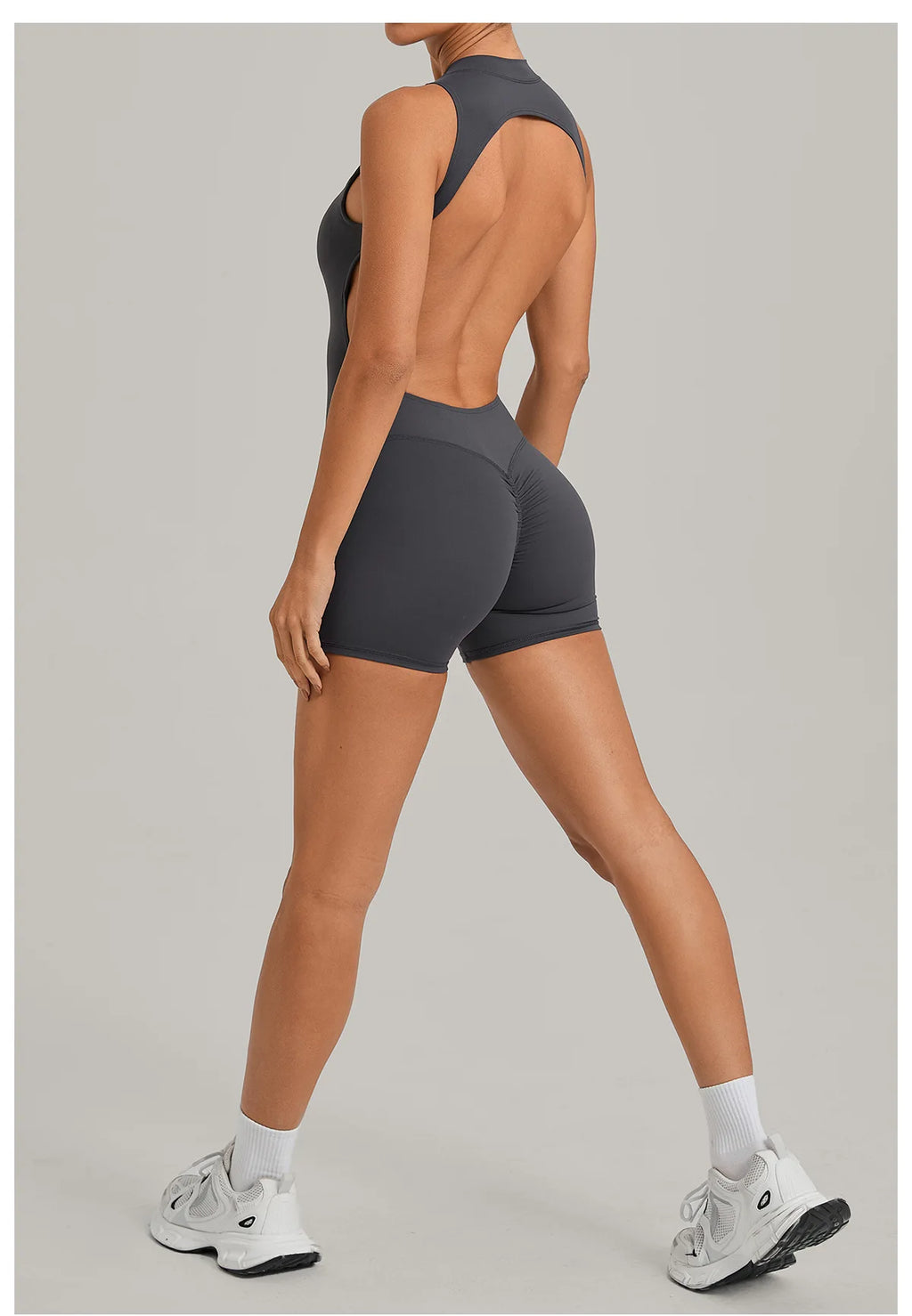 Sexy Hollow Backless Unitard Gym Women Romper Sleeveless Zipper Scrunch Butt Short Jumpsuit for Fitness Sports Short Playsuit