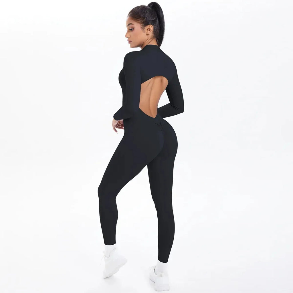 Women's Seamless Yoga Jumpsuits Sports Fitness Zipper Open Back Breathable One-Piece Bodysuits for Gym Running Fitness Workout