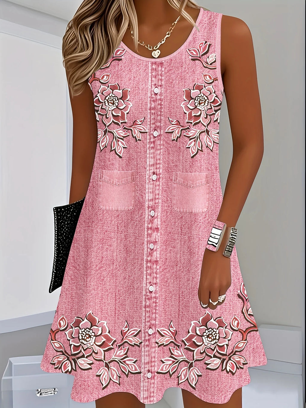 Women's Casual Floral 3d Print Imitation Denim Dress, Blue And White Round Neck Summer Dress, Simple Design Women's Dress