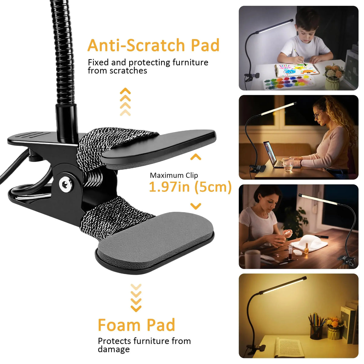 LED Clip-on Reading Light,with 3 Modes and 10 Adjustable Brightness Levels,for Bedside,Workbench,Drawing,USB Adapter Included