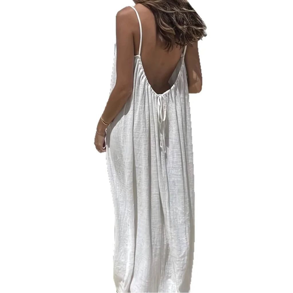 2026 Spring Summer Temperament Suspender Women Dress Backless Loose Maxi Dress Elegant Versatile Big Swing Beach Long Dress