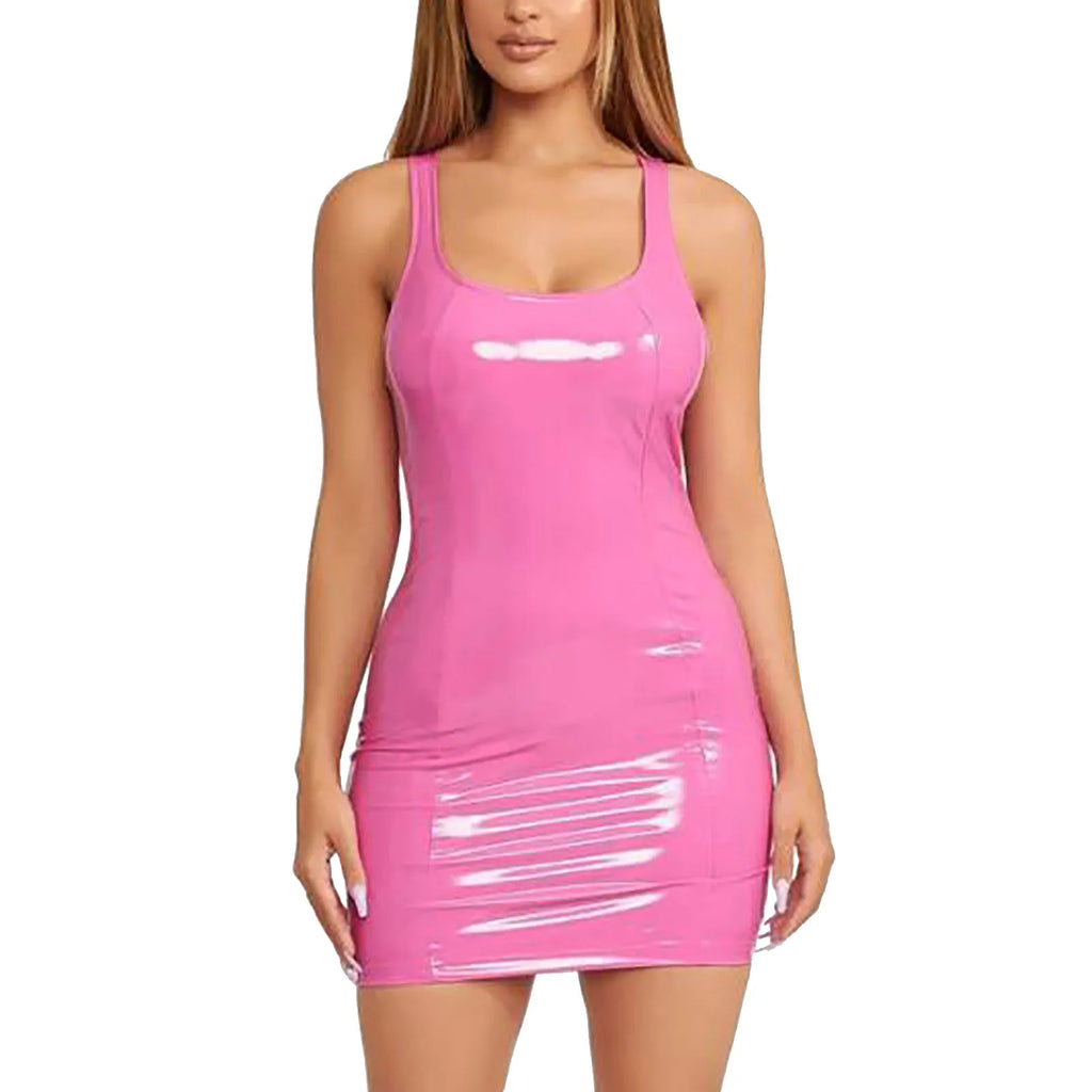 Women's Colorful Leather Dress Zipper PU High Elastic Round Neck Dress Short Skirt Elastic Leather Dress Wrapped Hip Sundress