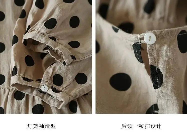 Fashion Retro Cotton and Linen Polka Dot Dress for Women Loose Slim Puff Sleeve Linen Doll Skirt