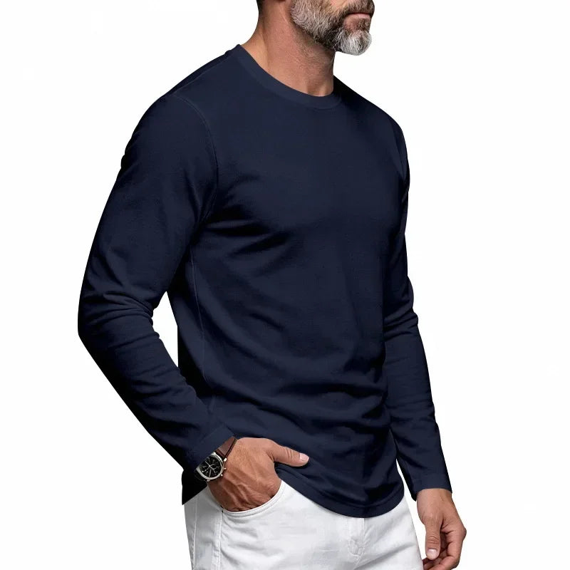 Autumn and Winter Men's Thin Casual Crew Neck Pullover Loose Versatile Breathable Commuter Long Sleeve Bottom T-Shirt