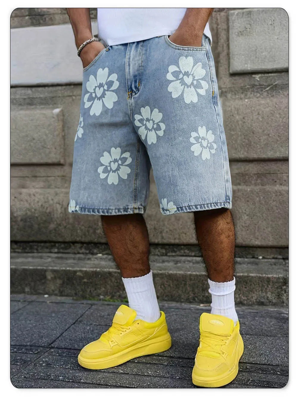 LIYS Fresh Delicate Style Flower Print Fashionable Wide Leg Men's Jeans Y2K Casual Elegant Bermuda Denim Shorts Couple Pants