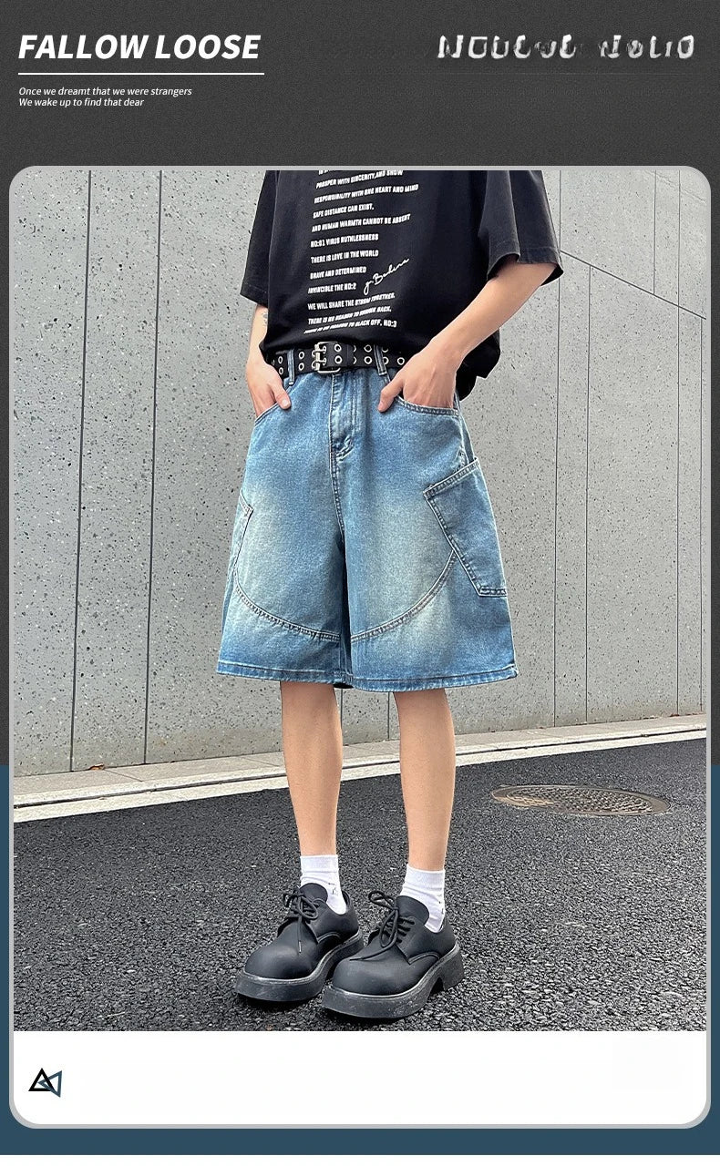 Men's Summer Retro Nostalgic Denim Shorts Loose Overalls Five-quarter Pants American Y2K Street Hip-hop Shorts Brand Clothing