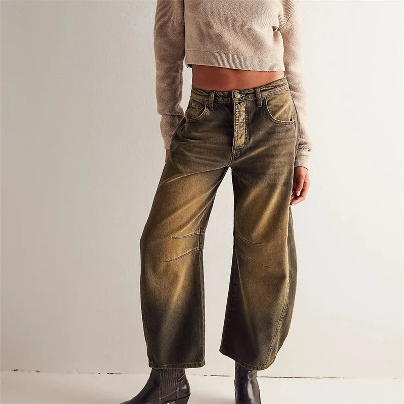 Women Vintage American Style Denim Jeans New Knee Splicing Design Straight Pants Female Commuter Casual Loose Mid Waist Trousers