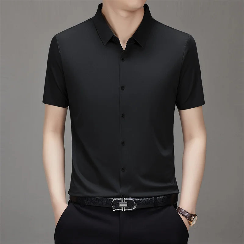 New Men's Business Casual Solid Color Short Sleeved Shirt for Summer Fashion No Ironing Comfortable and Versatile Top