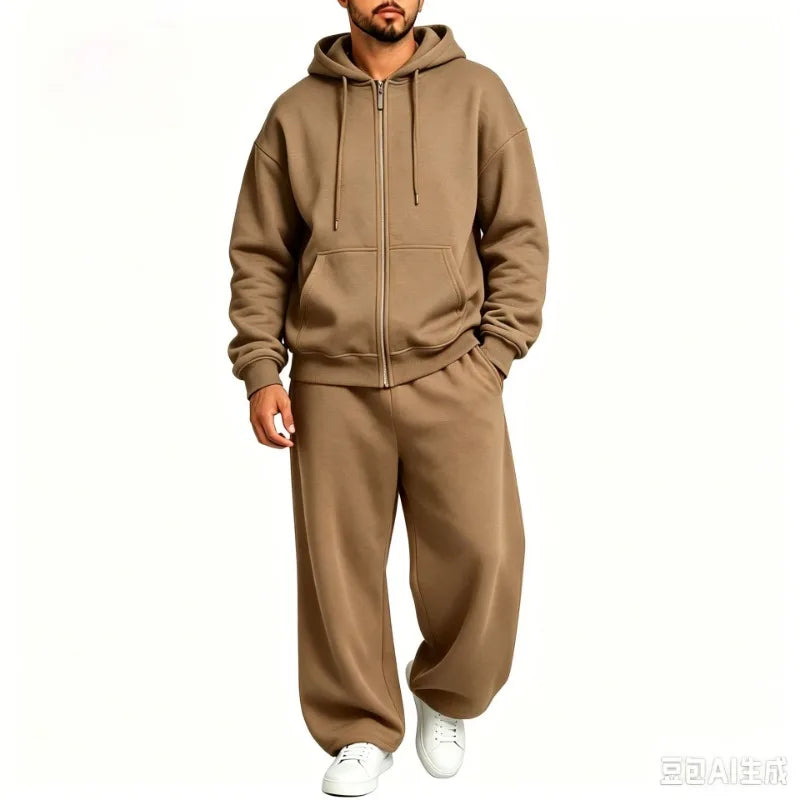 Men Full Zip Hoodie Set Kangaroo Pocket Drawstring Wide Leg Pants Loose Casual Two Piece Sports Outfit Set