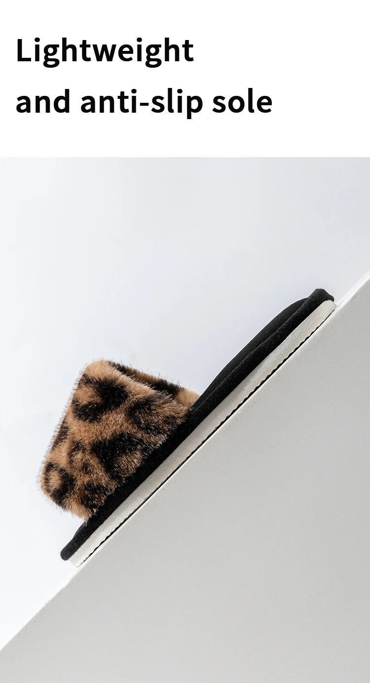 Women's Leopard Print Plush Slippers for Home, Non-Slip Sole, Soft & Comfortable Open Toe House Shoes for Bedroom Spring&Autumn
