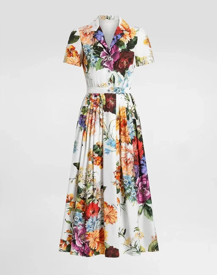 Summer Runway Holiday Flower Shirt Dress Women's Notched V-Neck Short Sleeve Single Breasted A-Line Pleated Midi Vestidos