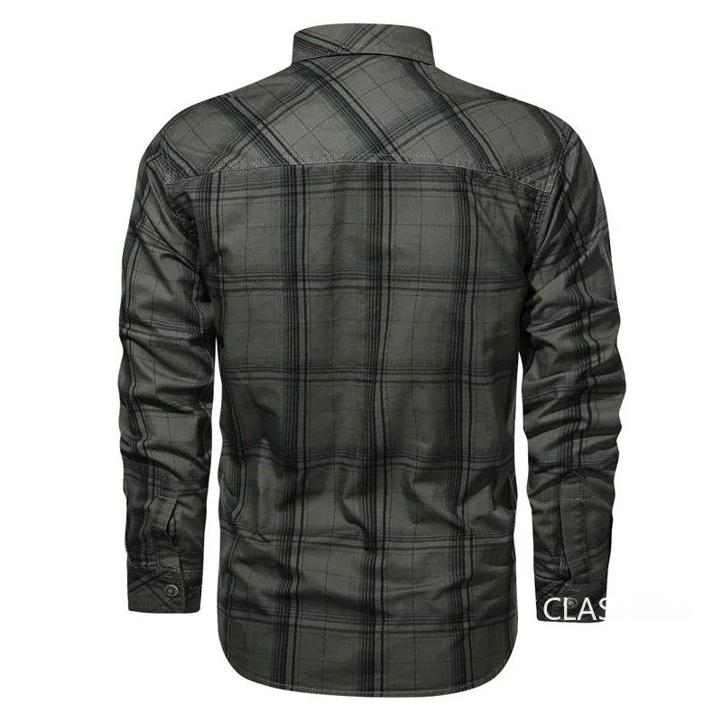 Men Plaid Casual Shirts Male Military Outdoor Loose Multi-pockets Tooling Shirts High Quality Man Large Long-sleeved Shirts 5XL
