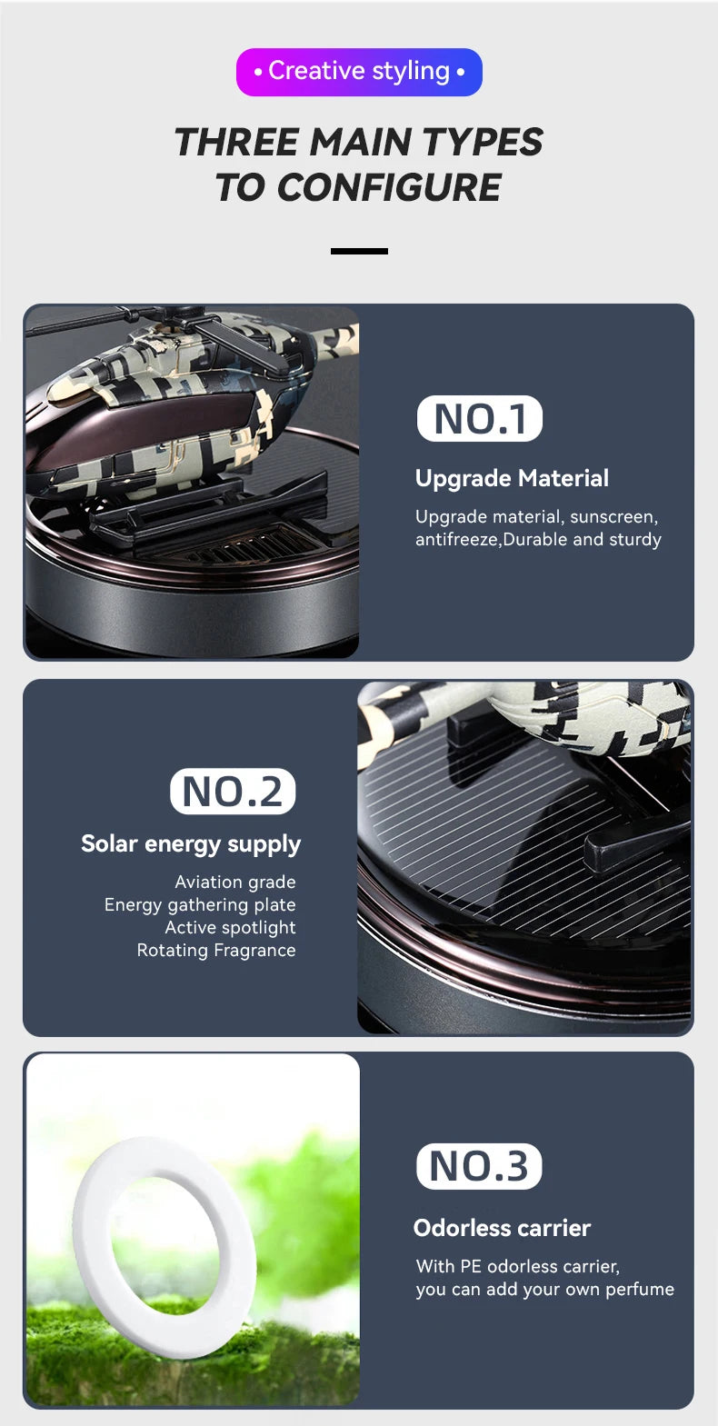 Unscented DIY Perfume helicopter solar car air fresheners rotating decorations ornaments dashboard fragrance aroma diffuser men
