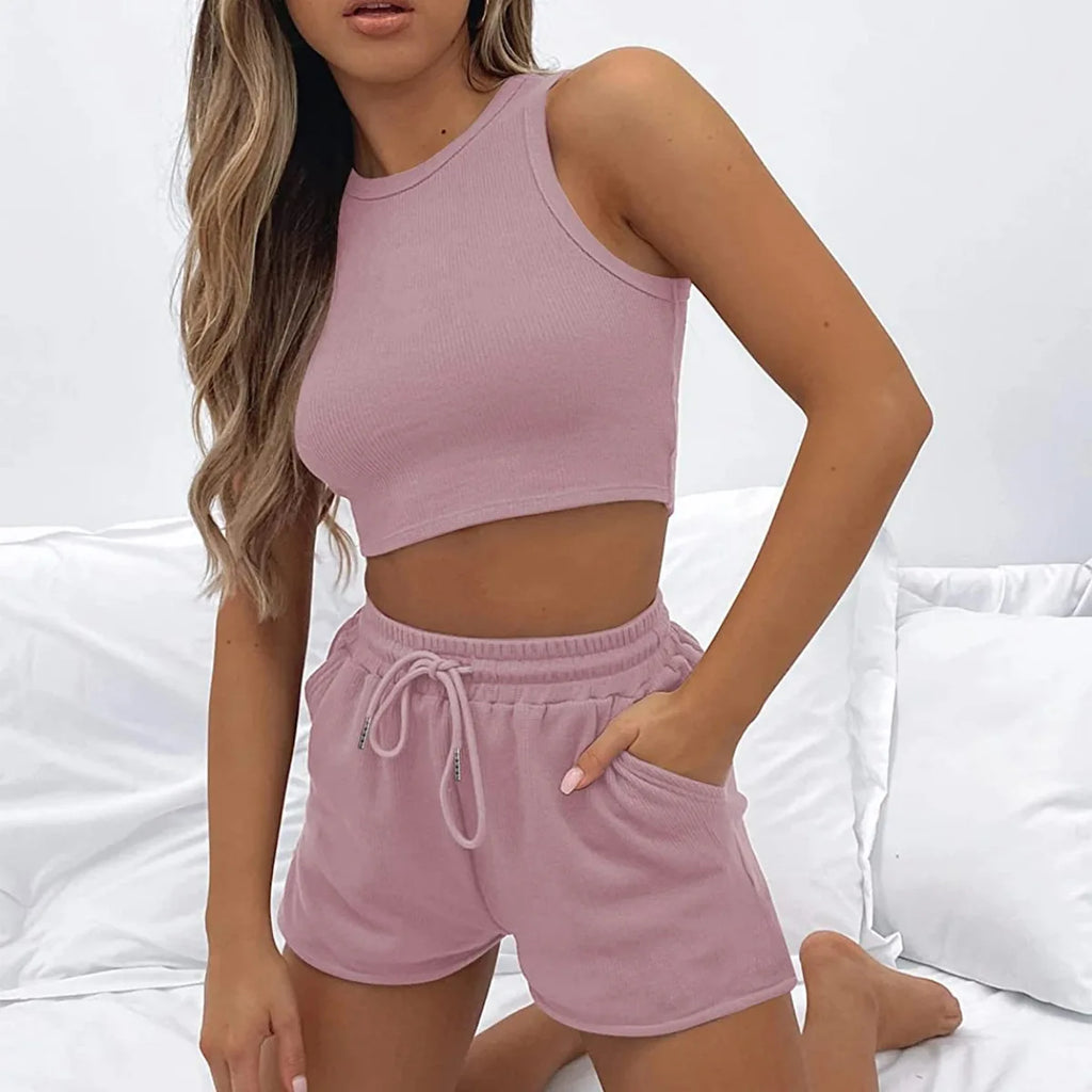 Women Shorts Outfit Solid Sleeveless Ribbed Crop Tank And Drawstring Shorts Casual Tracksuit Workout Set 2 Piece Lounge Set