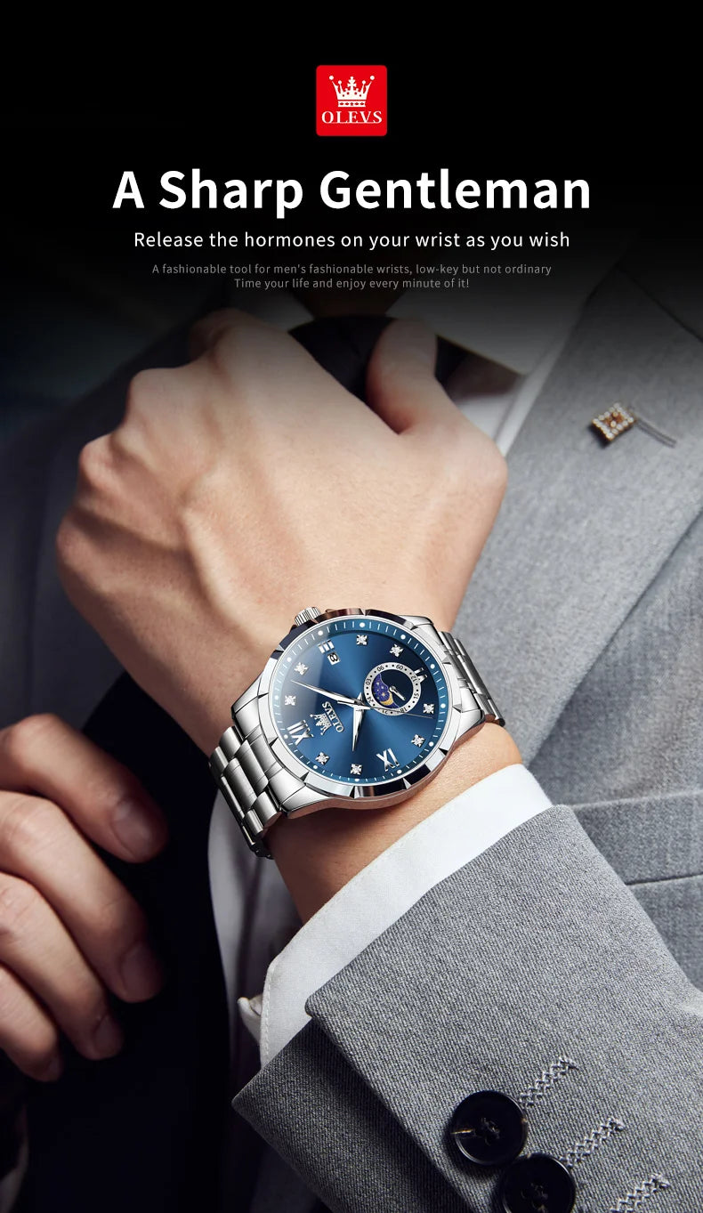 OLEVS 2956 Mens Watch Business Original Quartz Watch Large Dial Waterproof Luminous Automatic Date Moon Phase Watches For Man