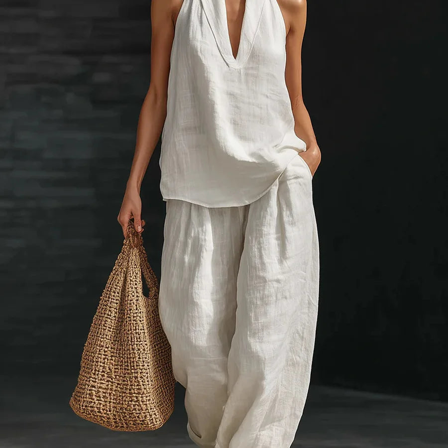 Loose Two-piece Halter Neck V-neck Sleeveless Top Trousers 2026 Summer Women's Fashion Solid Color Casual Womens Matching Sets