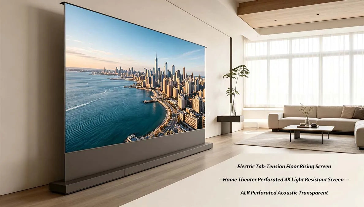 Motorized Floor Rising ALR Acoustic Transparent Projector Screen, 8K High Contrast Perforated Short Throw Home Theater Screen