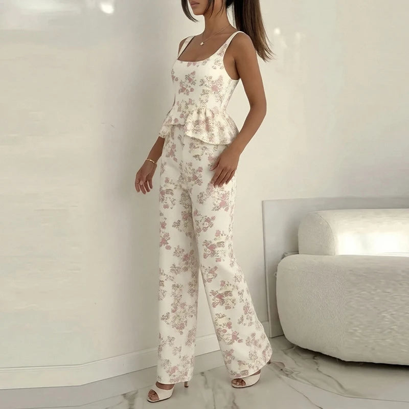 New Floral Print Two Piece Set for Women Sexy Square Collar Ruffle Sling Top And Long Pants Outfit Summer Sleeveless Hollow Suit