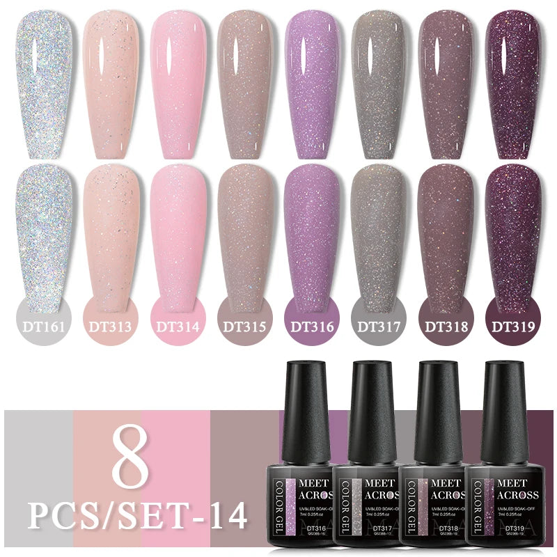 MEET ACROSS 6/8Pcs Set Glitter Gel Nail Polish Autumn Winter Nail Art Varnishes Semi Permanent Soak Off UV Gel Kit Nails Lacquer