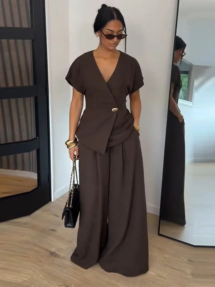 Elegant Button Top Pants Set Women Slim V-neck Short Sleeve One Button Tops High Waist Wide Leg Pant Two Piece Sets 2026 Summer