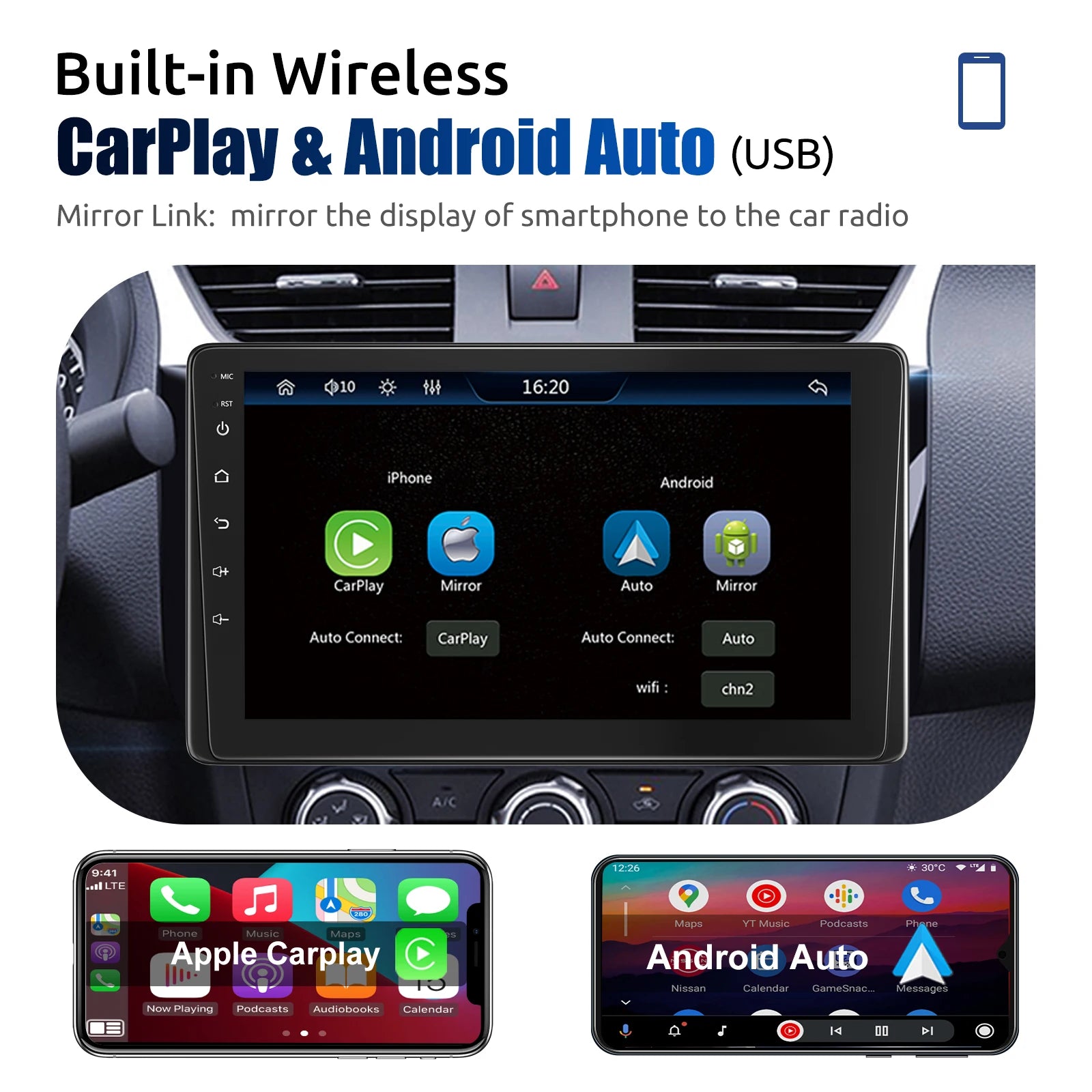 ESSGOO 9" Single DIN Wireless CarPlay Android Auto Car Stereo Player Radio IPS Screen FM BT Handsfree USB AUX TF SWC Mirror Link