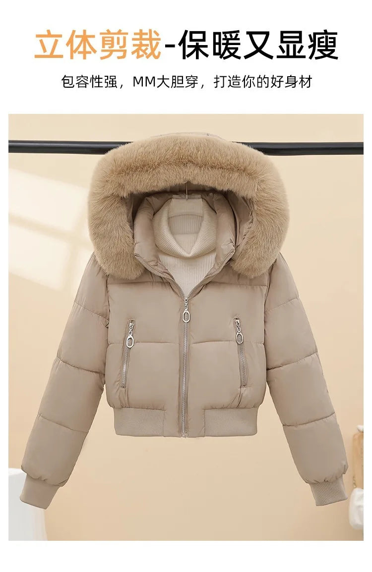 Winter Casual Versatile Cotton-Padded Jacket with Fur Collar Short Hooded Warm Coat New Style Women's Outdoor Puffer Jacket