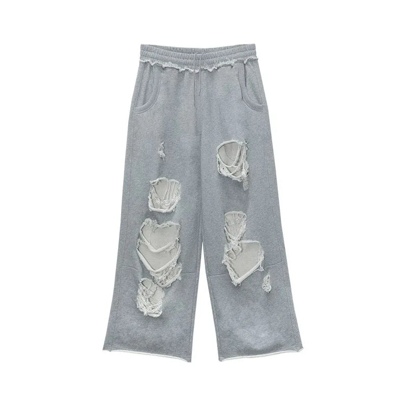 Y2k Grey Ripped Women's Jogging Wide Leg Pants American Retro Hip-hop Drape Thin Sports Pants Solid Color Loose Casual Summer
