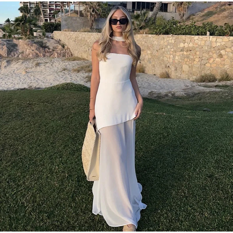 Elegant Halter Long Dress Women's Loose Sleeveless Off Shoulder Floor-length Dresses 2025 Spring Summer Lady Solid Stylish Robes
