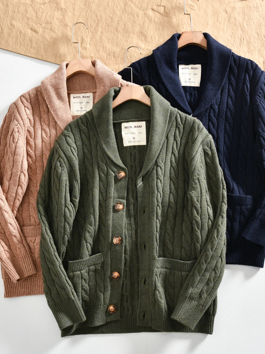 100% Wool Men's Scandinavian Style Shawl Collar Cardigan Nordic Knit Sweater Jacket for Autumn/Winter