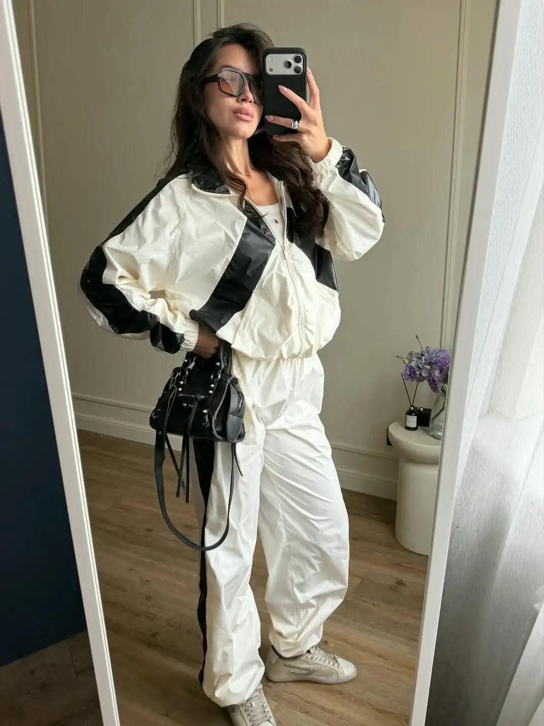 Lady'snavy Chevron Stripe Windbreaker Tracksuit Zip Cropped Jacket Contrast Trim Shorts 2026 Casual Sport Daily Jogging Street