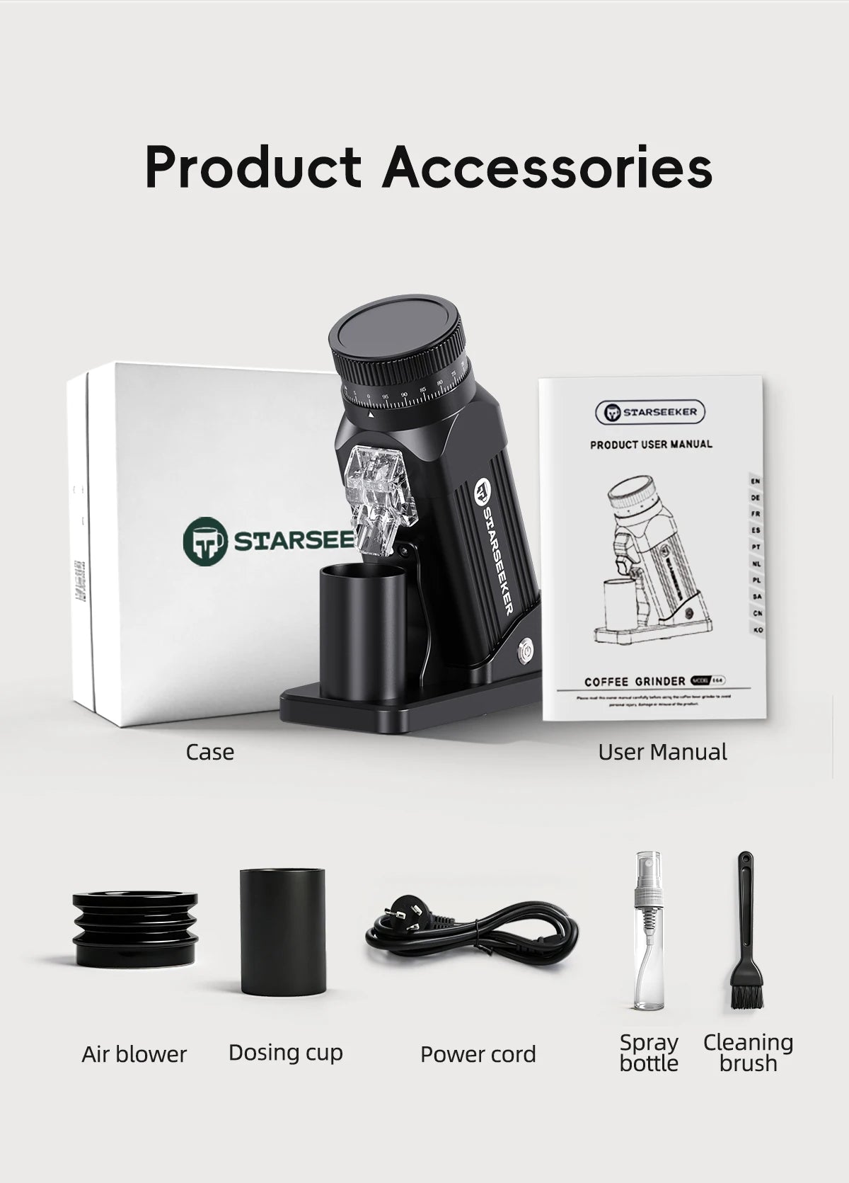 STARSEEKER E64 Electric Coffee Grinder 64MM Espresso Titanium Flat burr Stepless Fineness Adjustment Home Bean Grinder Black