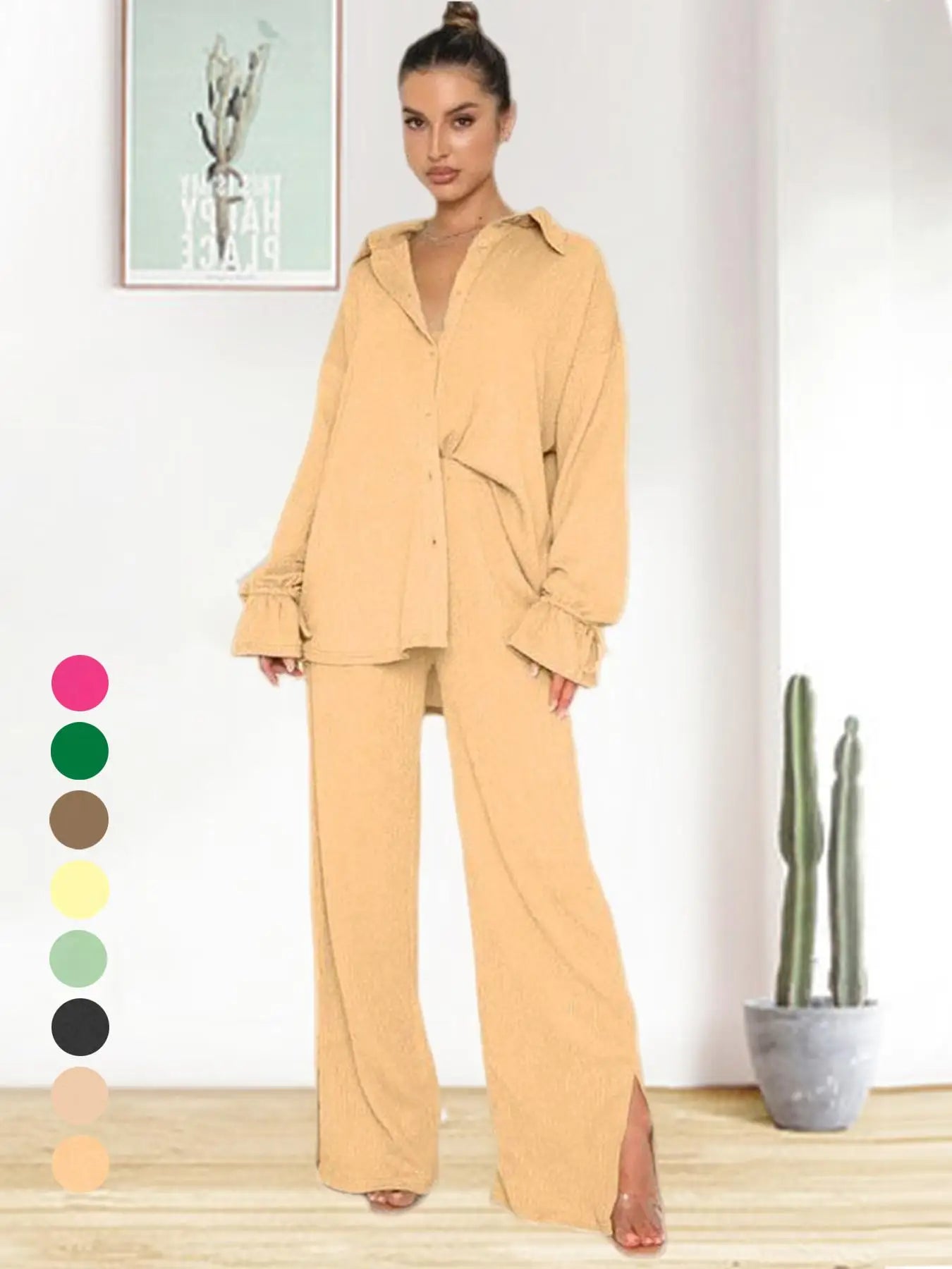 2026 SPRING SUMMER WOMEN'S SOLID COLOR TWO-PIECE SET, RUFFLE SLEEVE SHIRT MATCHED WITH SLIT PANTS, COMFY OUTFIT FOR DAILY CASUAL
