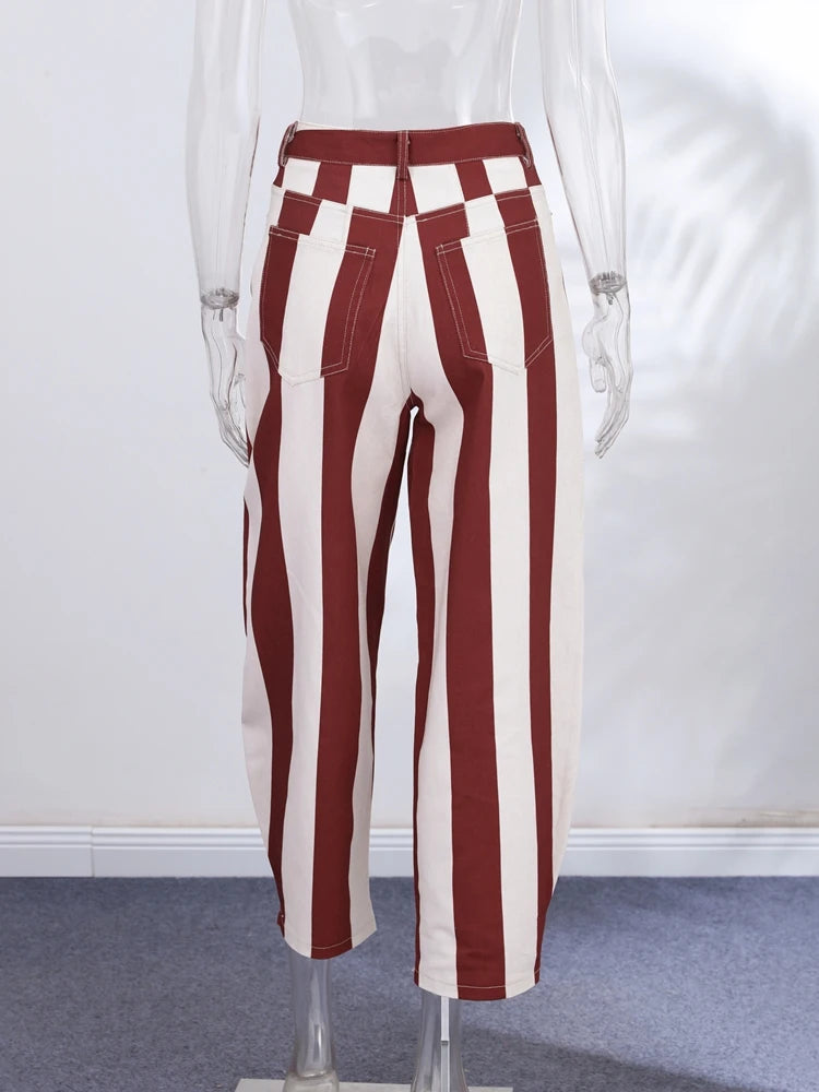 Colorful Striped Wide Leg Trousers Women Bohemian High Waist Multi-color Panelled Slim Straight Pants Fashion Lady Beachwear New